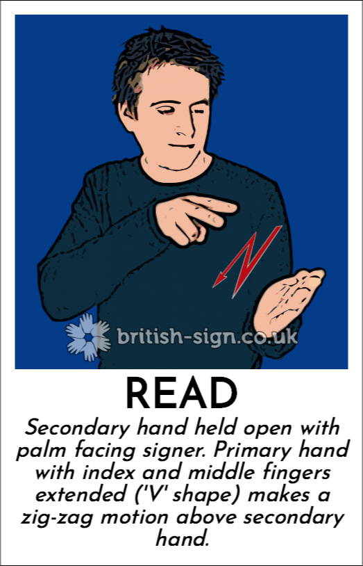 Read: Secondary hand held open with palm facing signer.  Primary hand with index and middle fingers extended ('V' shape) makes a zig-zag motion above secondary hand.